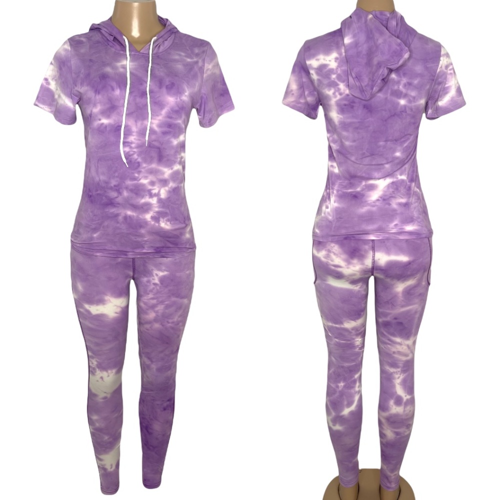 NWT Size S and M 2 Pieces Purple Tie Dye Women Set Leggings and Hoodie Top